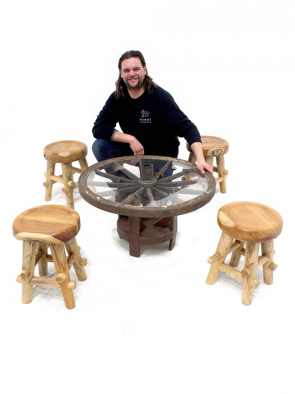 FUR61_SN2031_Wagon_Wheel_Table_Rustic_Wooden_Teak_Stoolevent_prop_hire_LG_724_copy