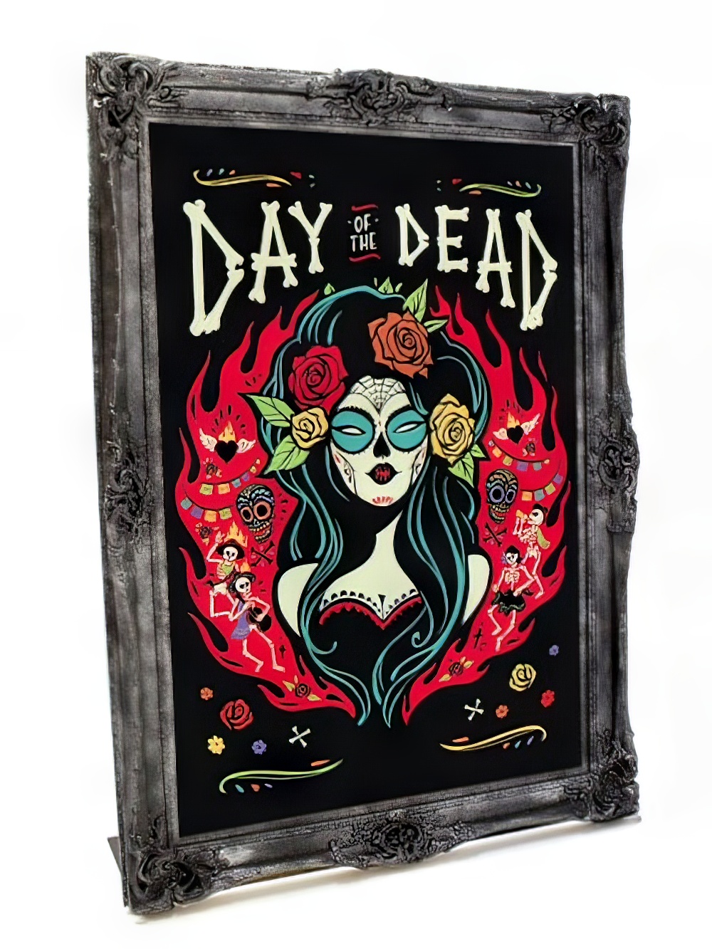 SN3924_Large_Black_Frame_with_Day_of_the_Dead_Insert_1event_prop_hire_Proof_-_Fire_female_Skull_without_model_-_black_frame_copy