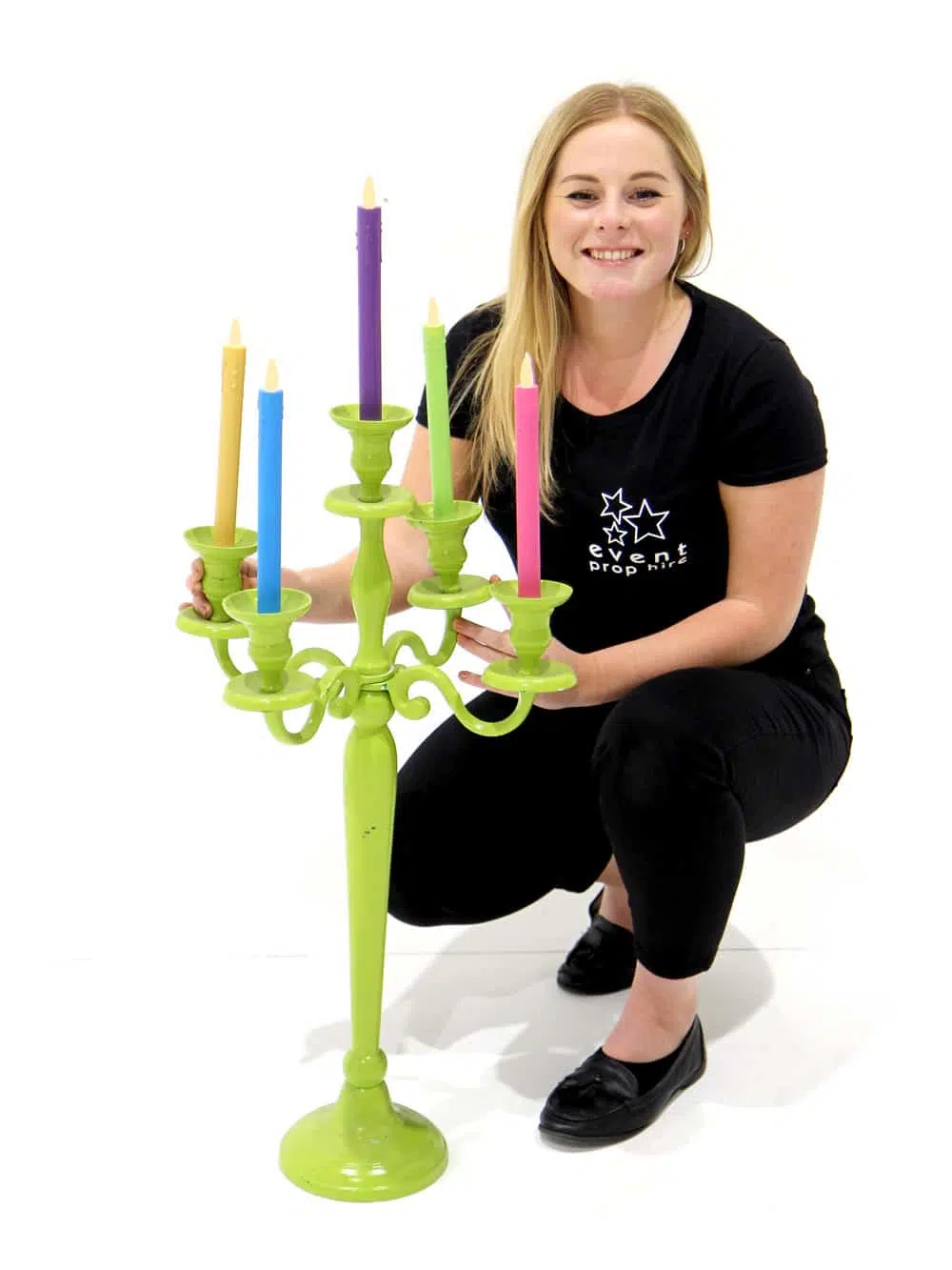 CAN16 Green Candelabra with Colourful Candles _event_prop_hire_189_Optimised