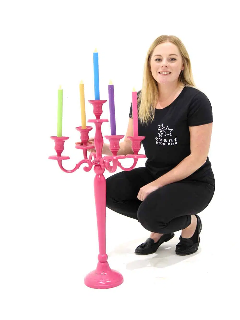 CAN18 Pink Candelabra with Colourful Candles _event_prop_hire_195_Optimised