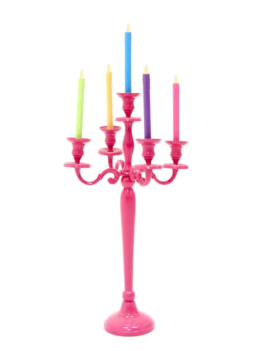 CAN18 Pink Candelabra with Colourful Candles _event_prop_hire_196_Optimised