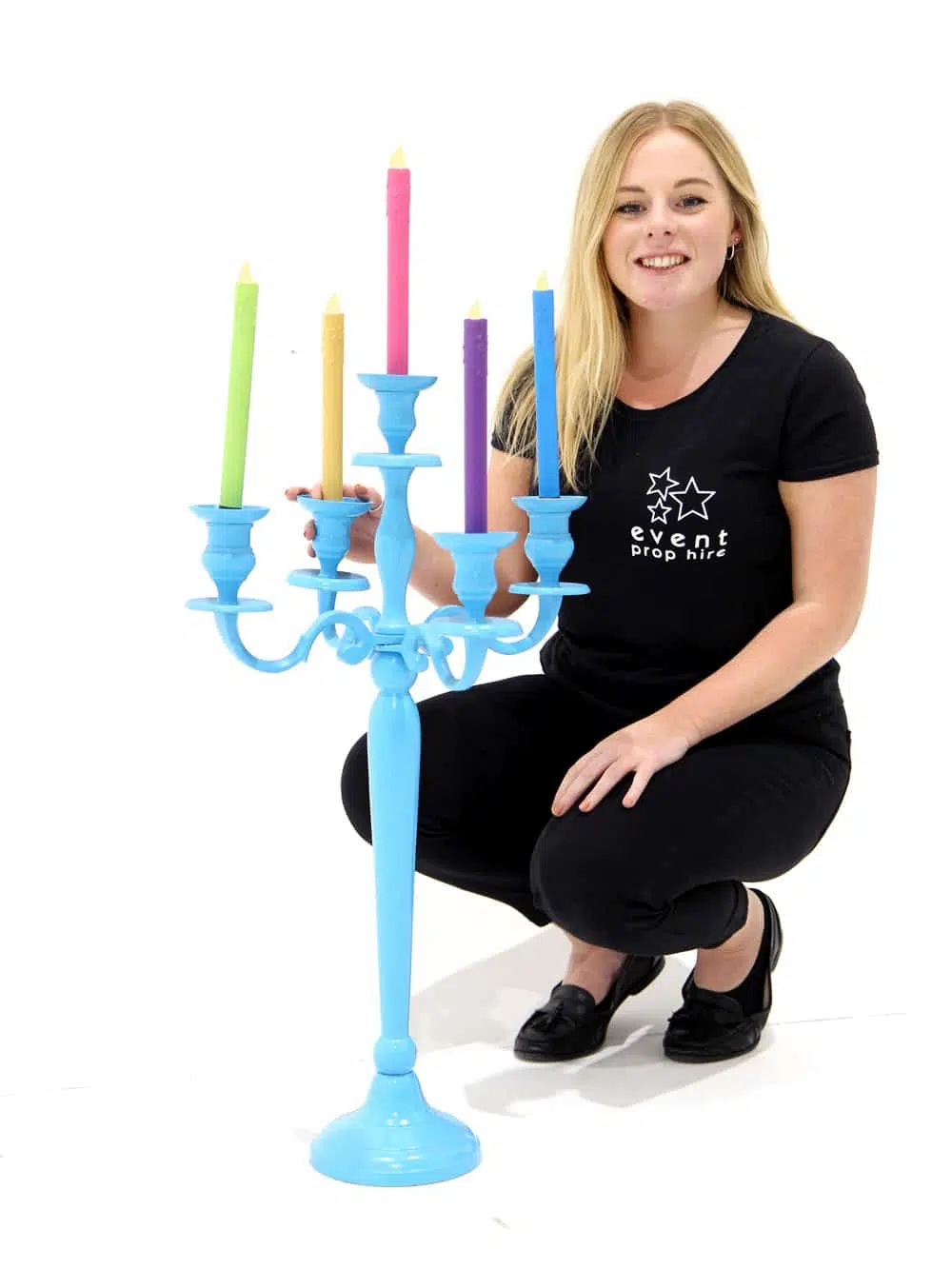 CAN19 Blue Candelabra with Colourful Candles _event_prop_hire_191_Optimised