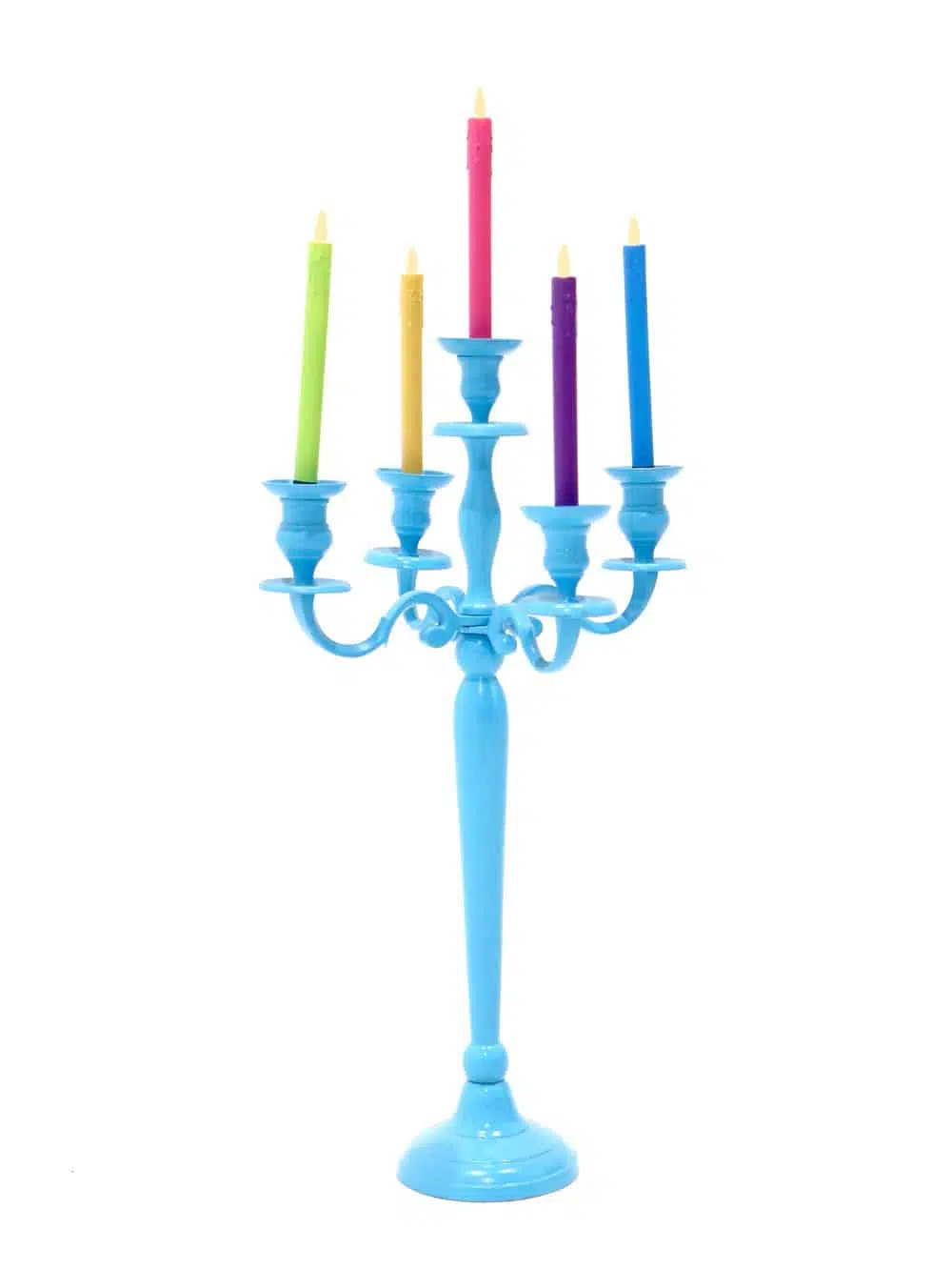 CAN19 Blue Candelabra with Colourful Candles _event_prop_hire_192_Optimised