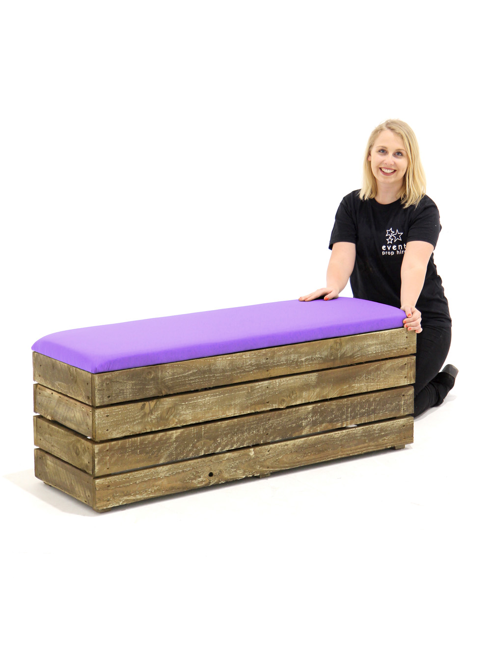 SN4805 Pallet Wood Bench - Purple Pad _event_prop_hire_017