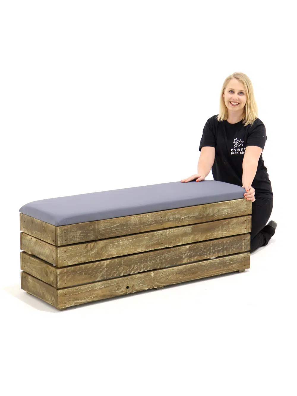 SN4829 Pallet Wood Bench - Grey Covers _event_prop_hire_005