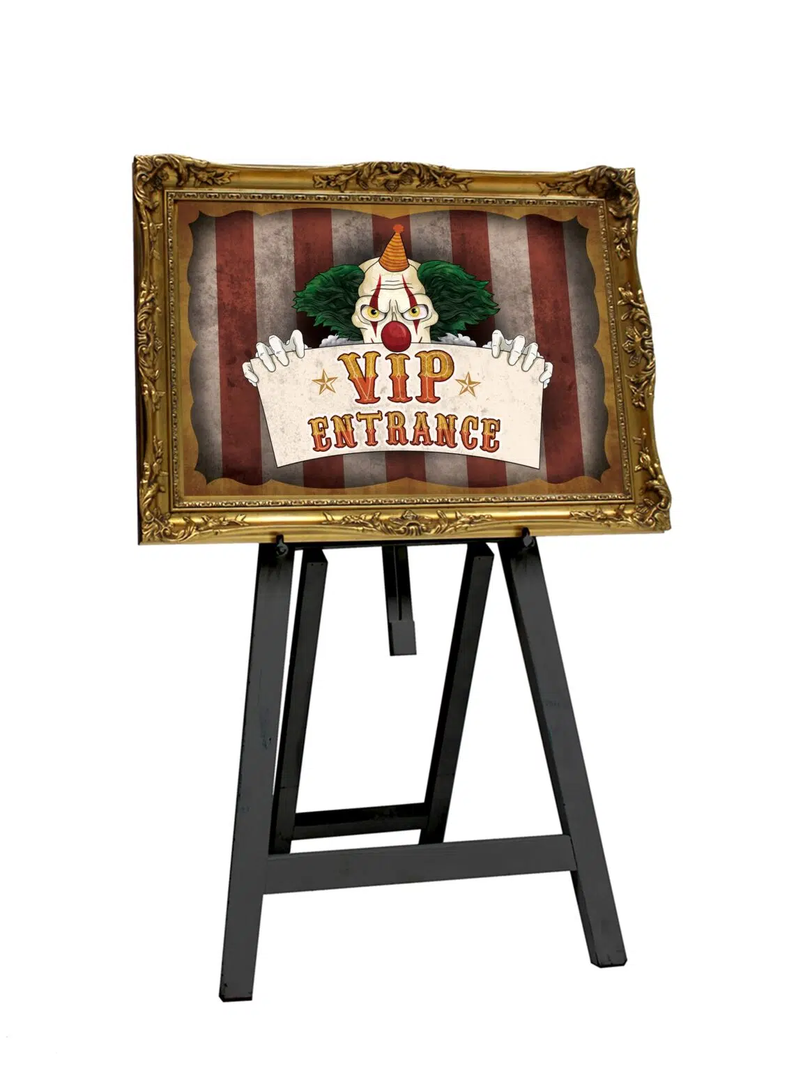 SN3910 Scary Clown VIP Entrance Sign (gold frame) _event_prop_hire_scary clown vip entrance gold (wihtout model)_High Res