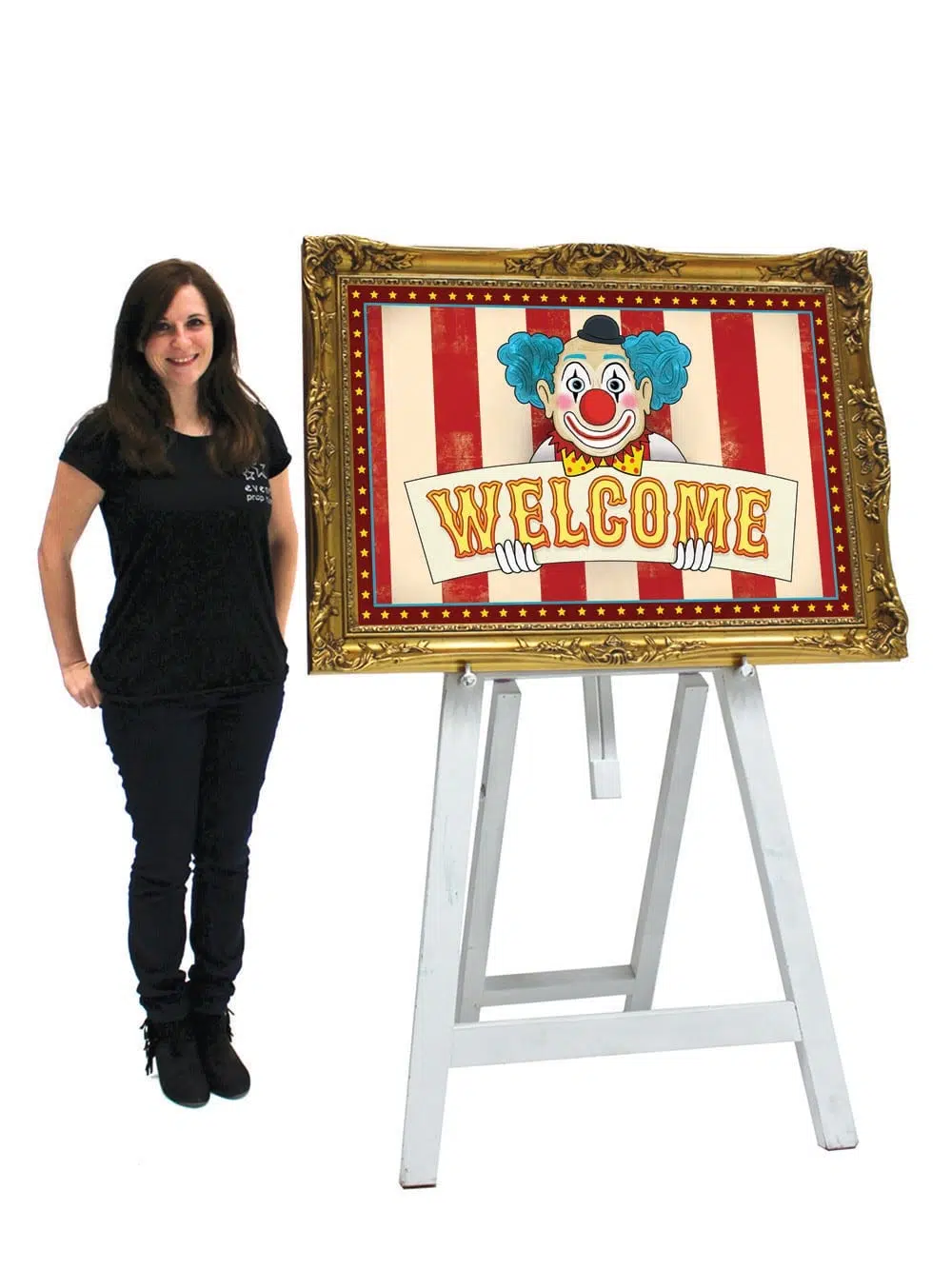 SN3913 Happy Clown Welcome Sign (gold frame) _event_prop_hire_Welcome entrance gold happy clown_Optimised (1)