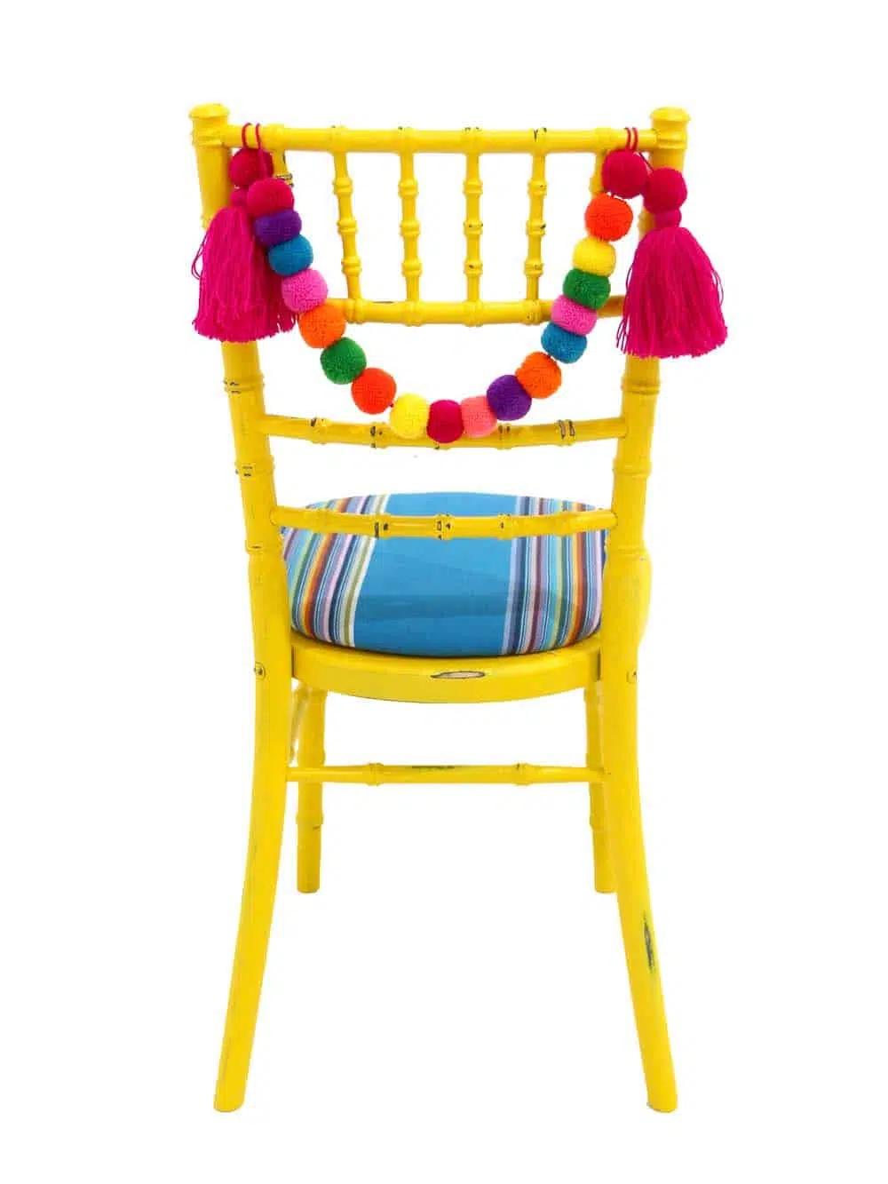SN10206_Chiavari Chair - Distressed Bright Yellow, Blue Seat Pad + Pink Pom Pom Swag_event_prop_hire_EPH_Creative_2_optimised