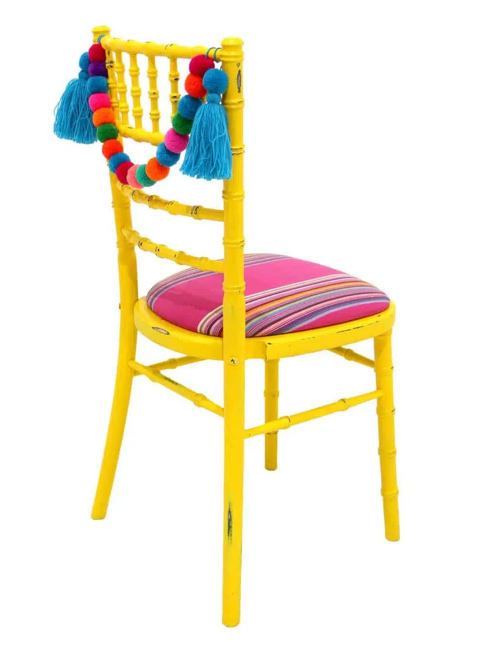 SN10209_Chiavari Chair - Distressed Bright Yellow, Pink Seat Pad + Blue Pom Pom Swag_event_prop_hire_EPH_Creative_9_optimised