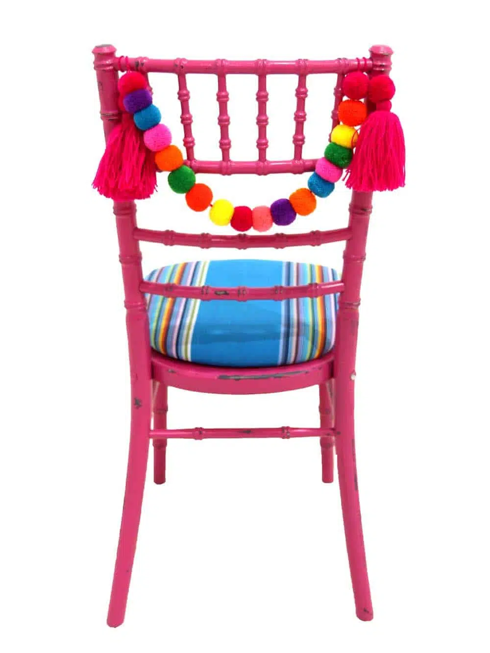 SN10210_Chiavari Chair - Distressed Bright Pink, Blue Seat Pad + Pink Pom Pom Swag_event_prop_hire_EPH_Creative_0_optimised