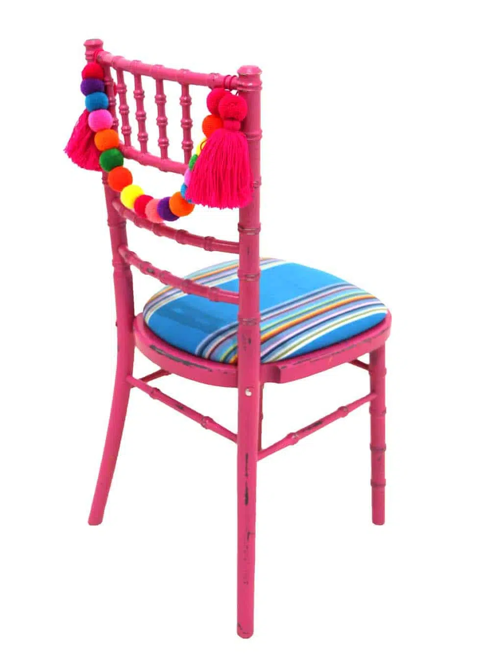 SN10210_Chiavari Chair - Distressed Bright Pink, Blue Seat Pad + Pink Pom Pom Swag_event_prop_hire_EPH_Creative_1_optimised