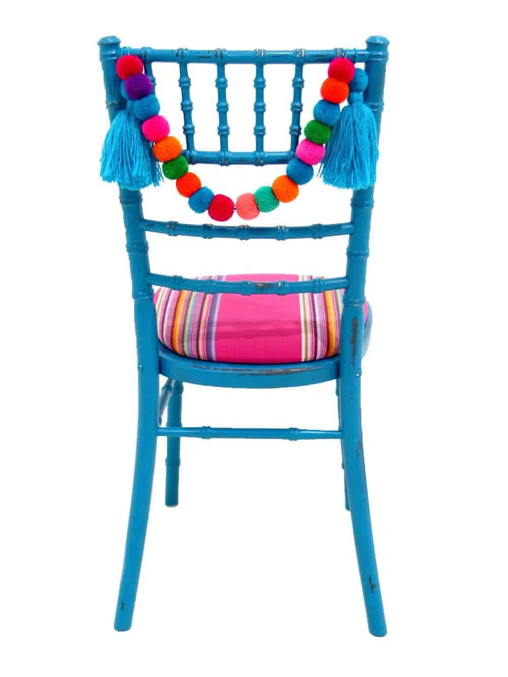 SN10213 _Chiavari Chair - Distressed Bright Turquoise, Pink Striped Seat Pad + Blue Pom Pom Swag_event_prop_hire_EPH_Creative_6_optimised