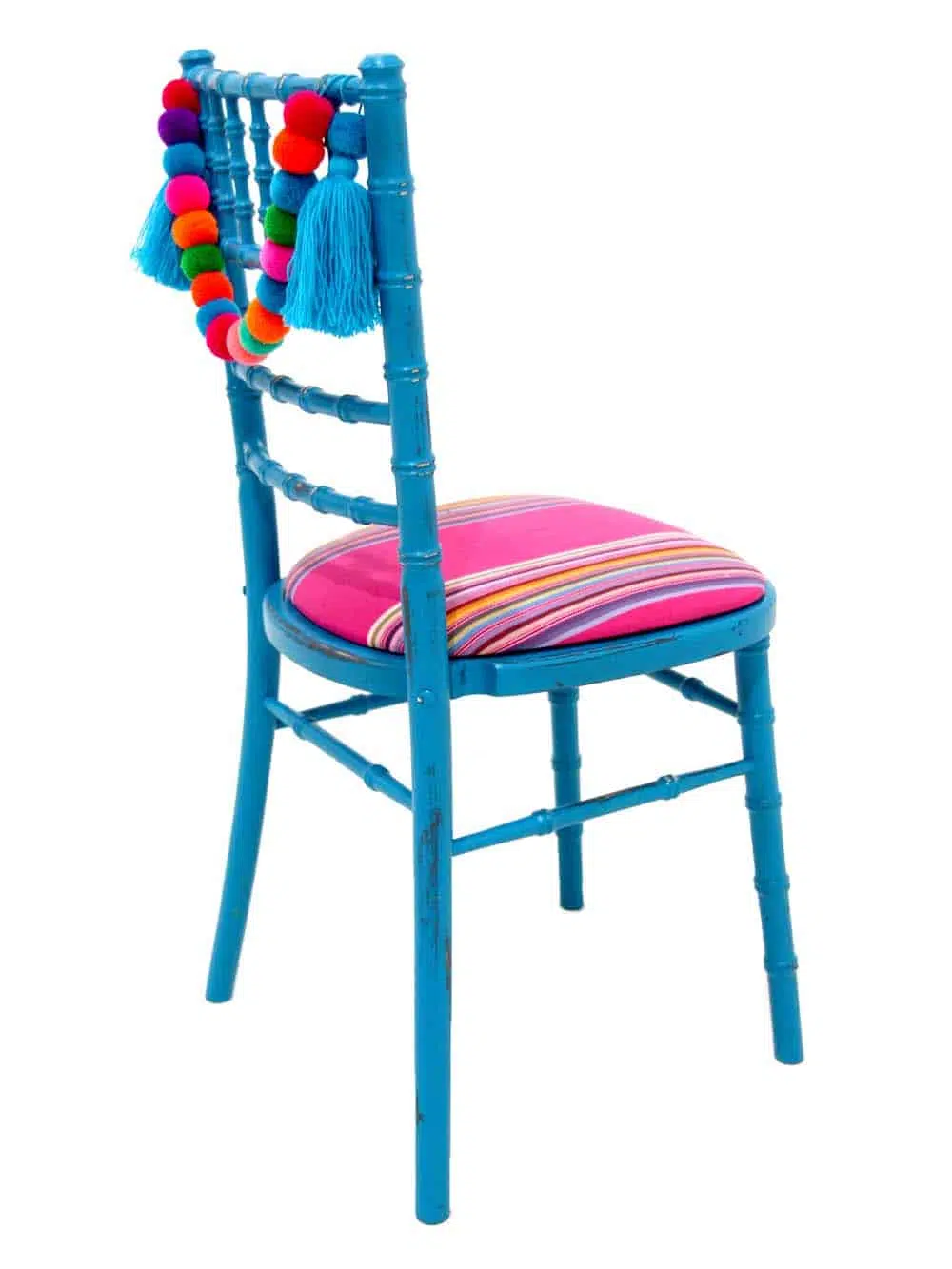 SN10213 _Chiavari Chair - Distressed Bright Turquoise, Pink Striped Seat Pad + Blue Pom Pom Swag_event_prop_hire_EPH_Creative_7_optimised