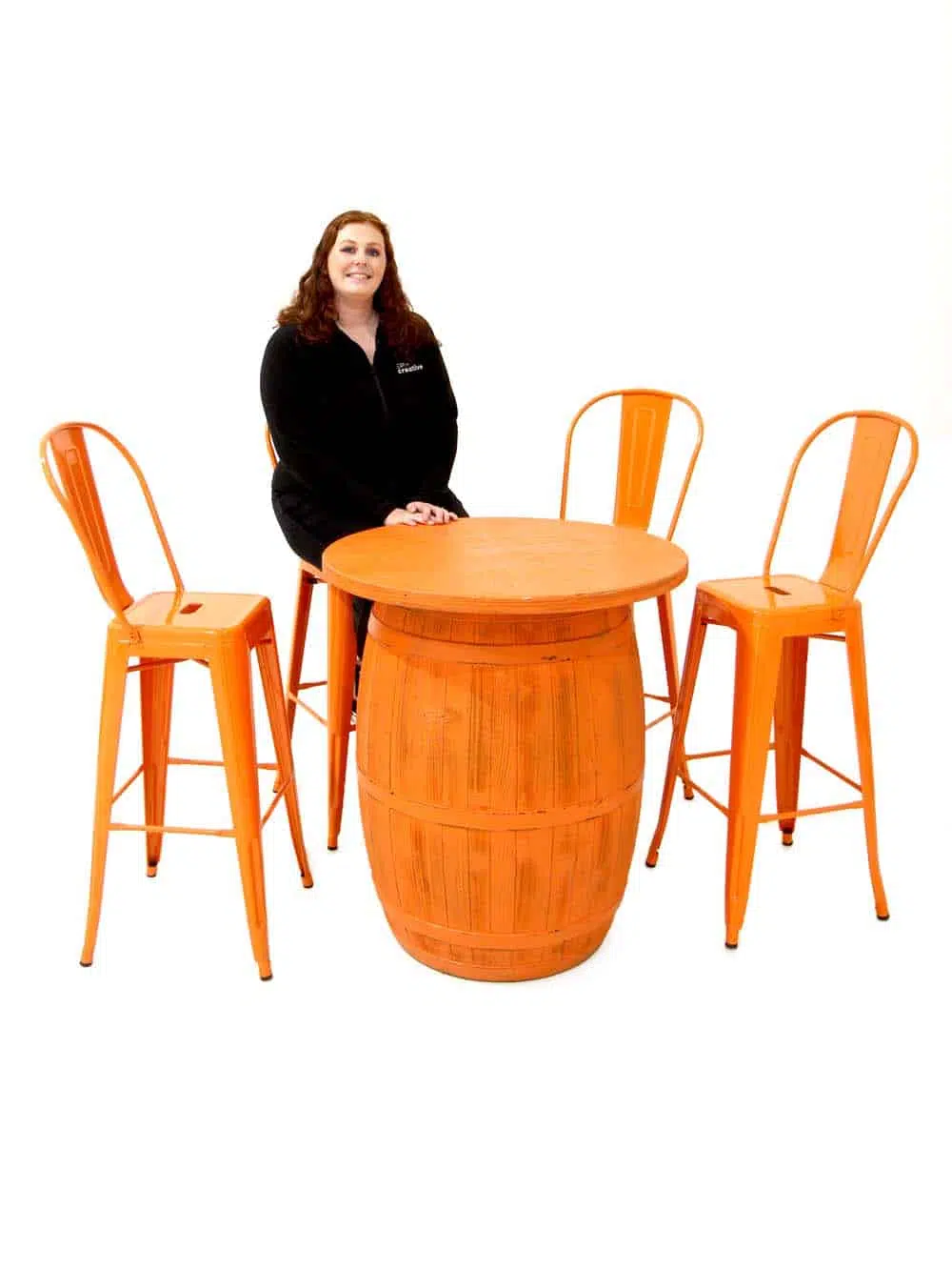 SN10552_Coloured Rustic Barrel Poseur Table + Metal Stools (Orange)_event_prop_hire_EPH_Creative_1_optimised