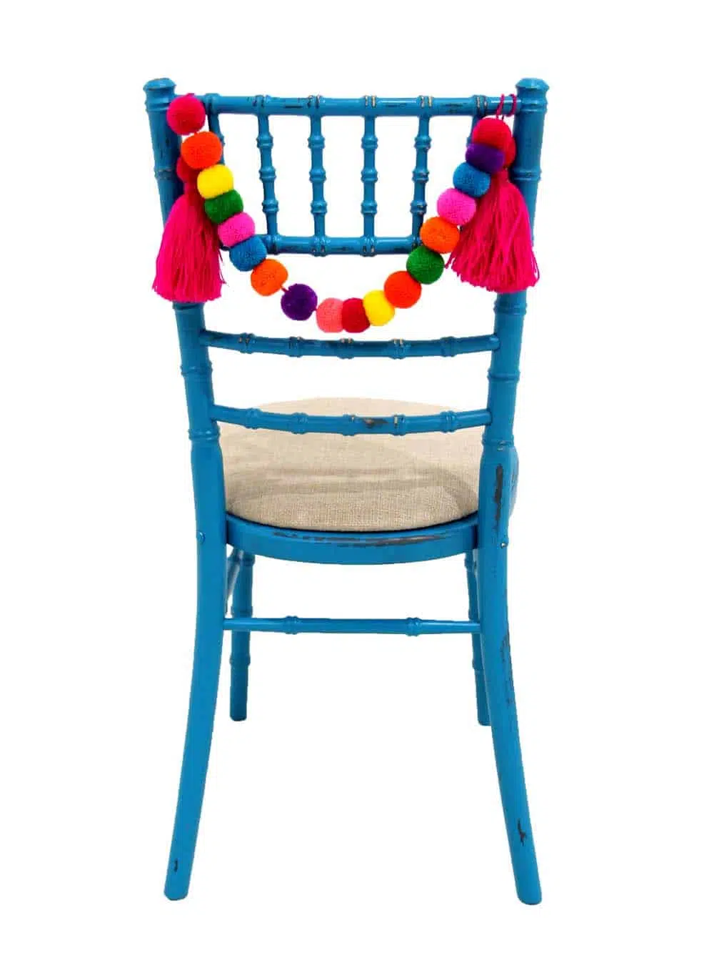 SN10687_Chiavari Chair - Distressed Bright Turquoise, Linen Seat Pad + Pink Pom Pom Swag_event_prop_hire_EPH_Creative_1_optimised
