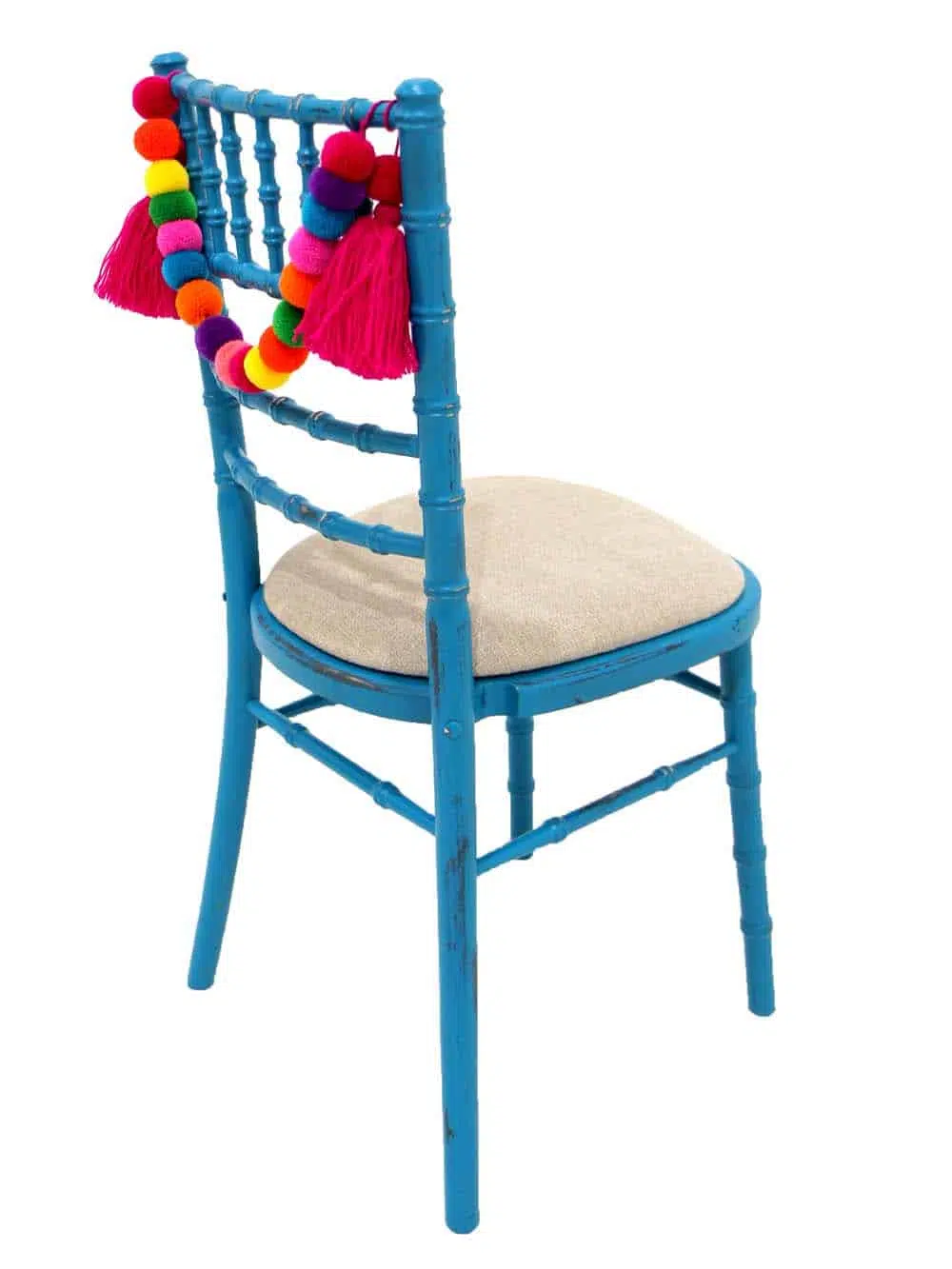SN10687_Chiavari Chair - Distressed Bright Turquoise, Linen Seat Pad + Pink Pom Pom Swag_event_prop_hire_EPH_Creative_2_optimised