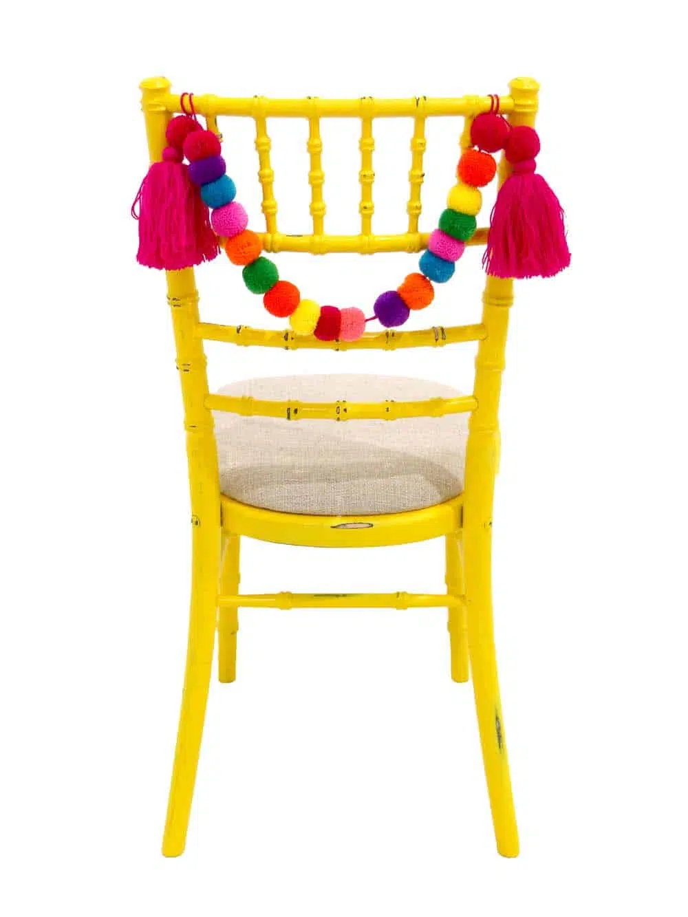 SN10690_Chiavari Chair - Distressed Bright Yellow, Linen Seat Pad + Pink Pom Pom Swag_event_prop_hire_EPH_Creative_7_optimised
