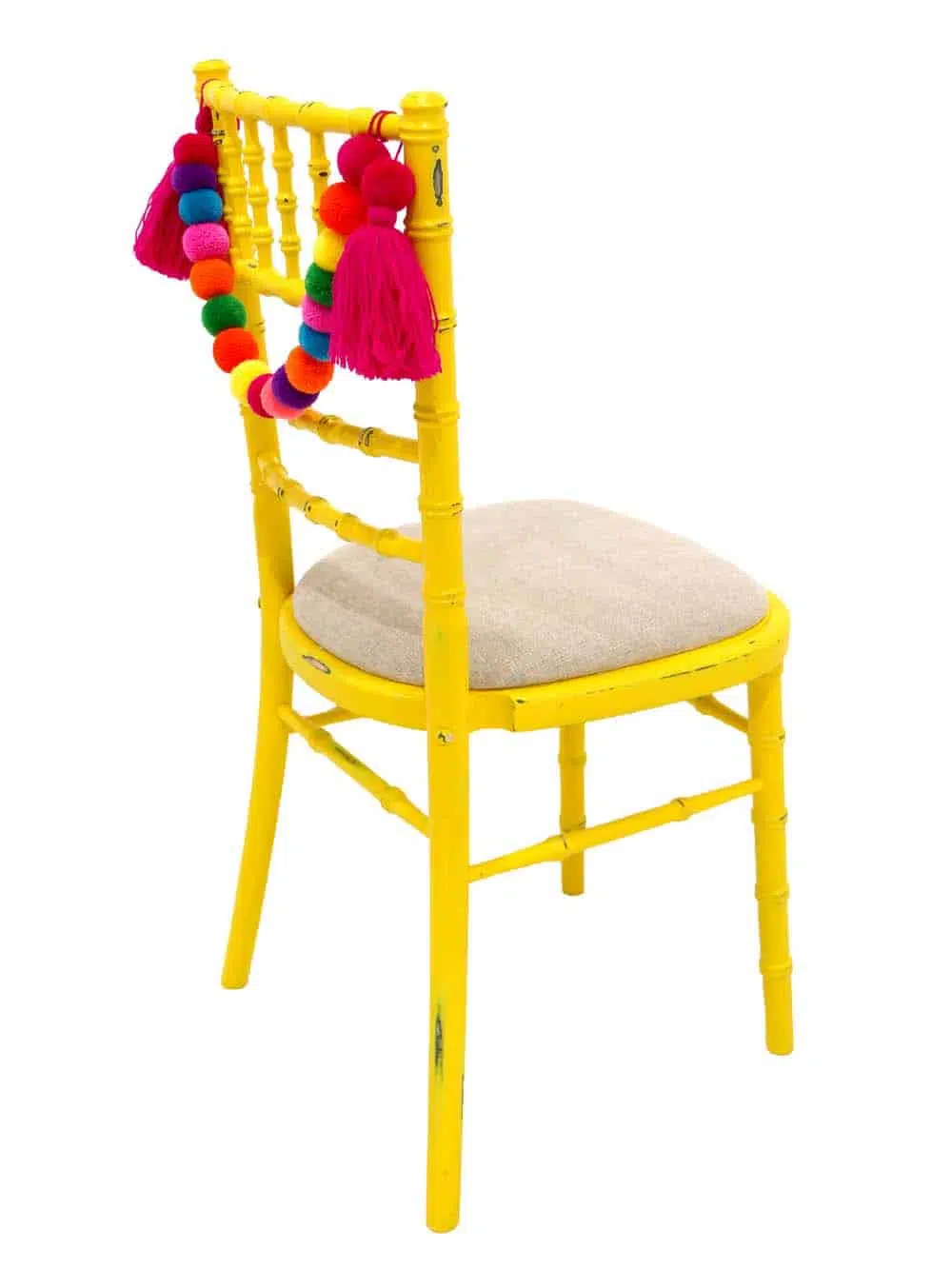 SN10690_Chiavari Chair - Distressed Bright Yellow, Linen Seat Pad + Pink Pom Pom Swag_event_prop_hire_EPH_Creative_8_optimised