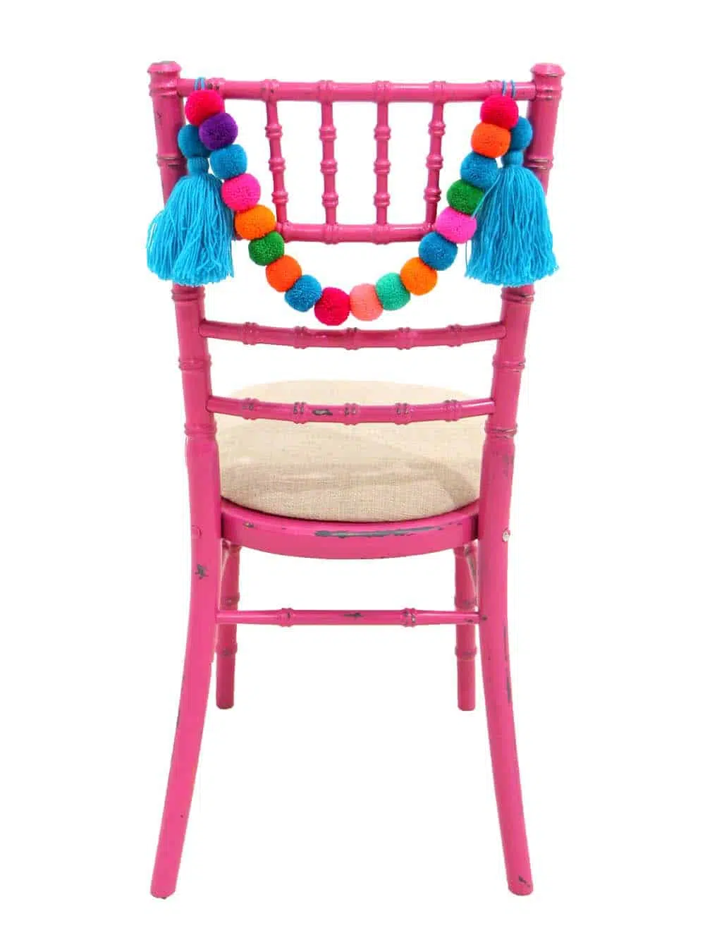 SN10692_Chiavari Chair - Distressed Bright Pink, Linen Seat Pad + Blue Pom Pom Swag_event_prop_hire_EPH_Creative_2_optimised