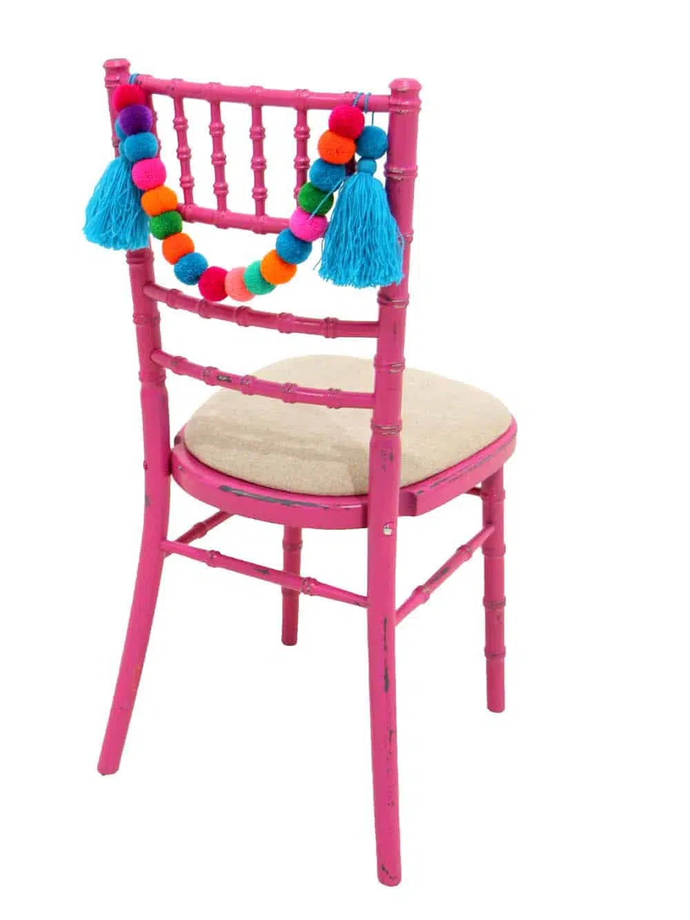 SN10692_Chiavari Chair - Distressed Bright Pink, Linen Seat Pad + Blue Pom Pom Swag_event_prop_hire_EPH_Creative_3_optimised