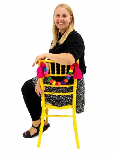 Chiavari Chair - Distressed Bright Yellow, Linen Seat Pad + Pink Pom Pom Swag