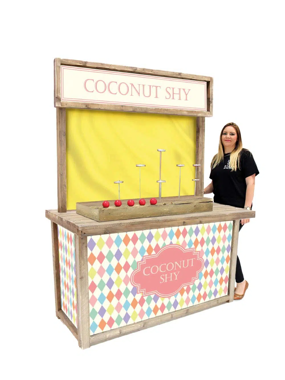 SN15658 Coconut Shy Fairground Game (Without Coconuts) (Spring Edition) Yellow Curtain - with model _optimised